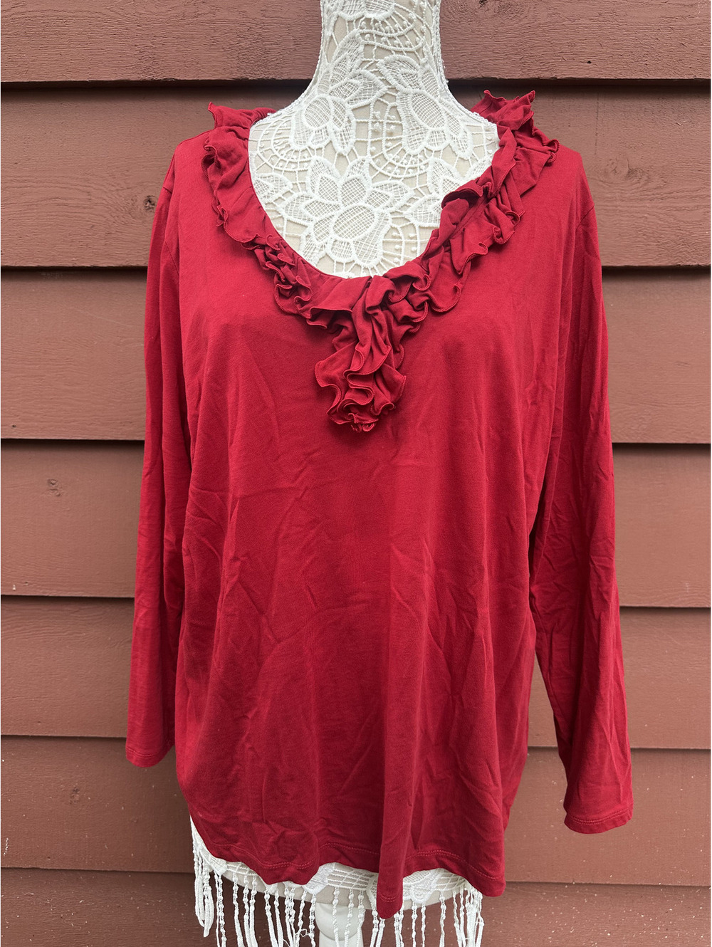 Chaps Classics Red Ruffle V Neck Long Sleeve Cotton Top Casual Feminine Blouse
